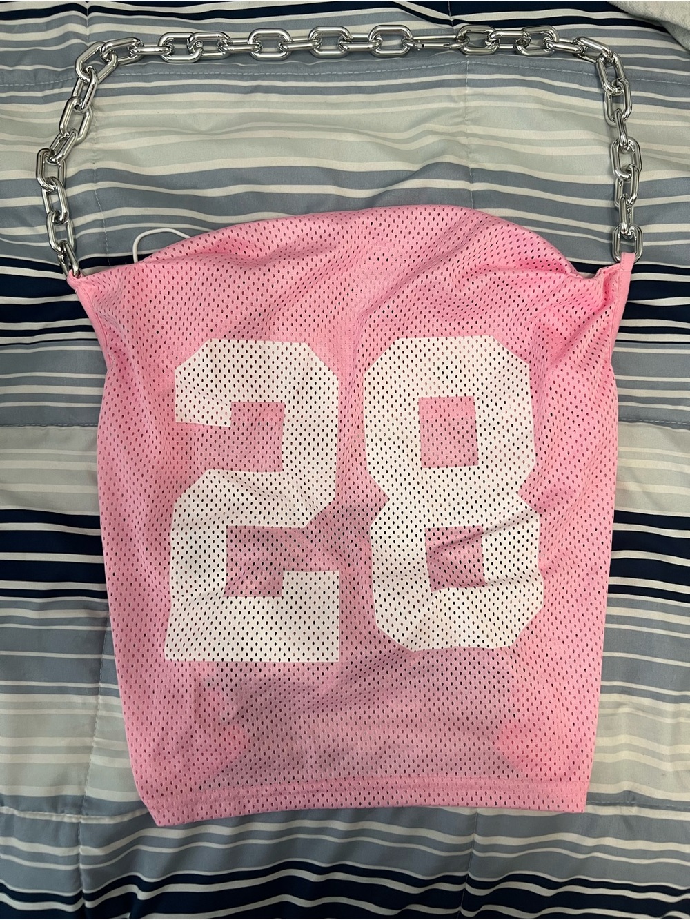 SHEIN Pink Mesh Tote with White '28' Graphic and Silver Chain Strap